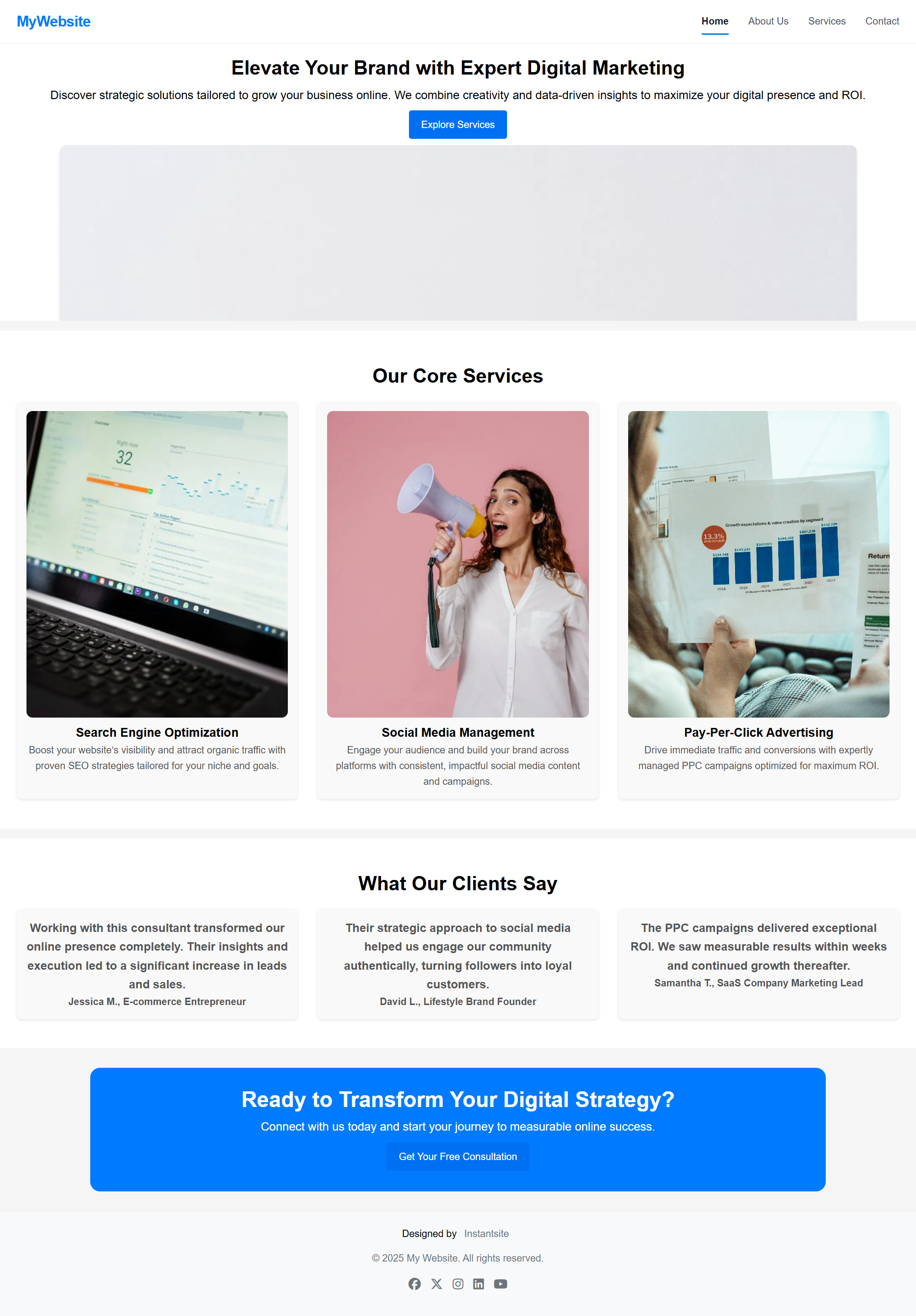 Modern theme — example website design available in Instantsite