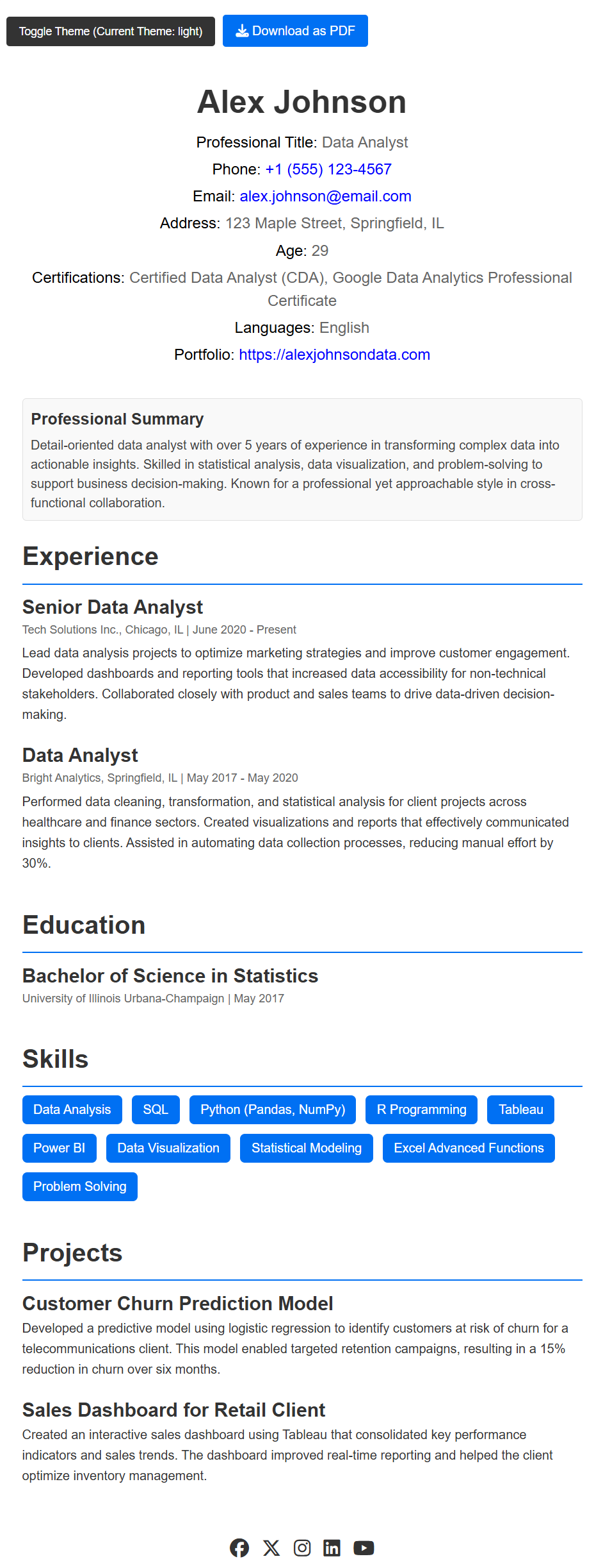 Resume theme — example website design available in Instantsite